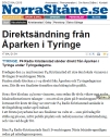 Bild på artikel i Norra Skåne gällande Direktsändning från Åparken.